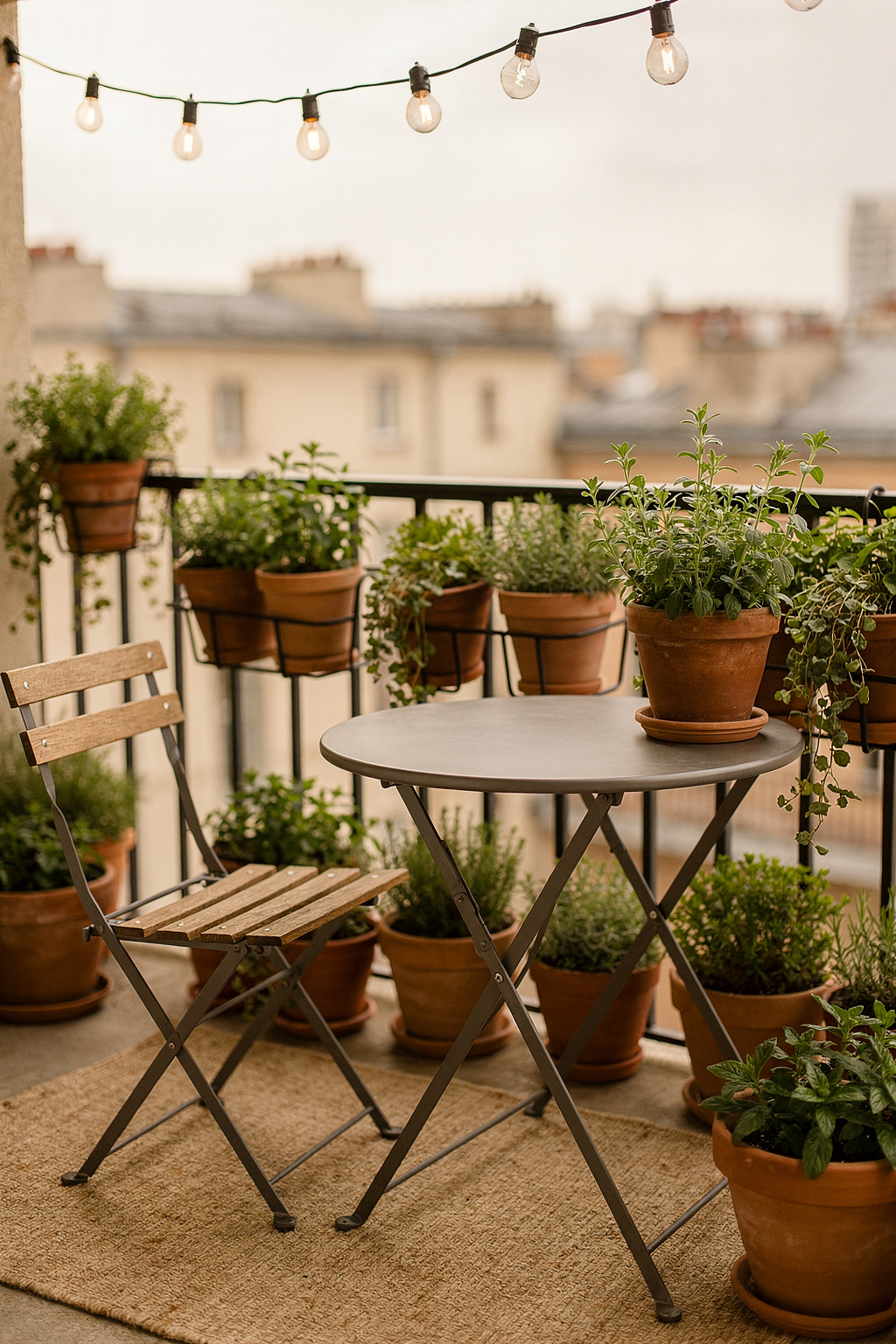 Kleiner Balkon mit Bistrotisch und Klappstuhl, dekoriert mit Terrakottatöpfen und Lichterkette.