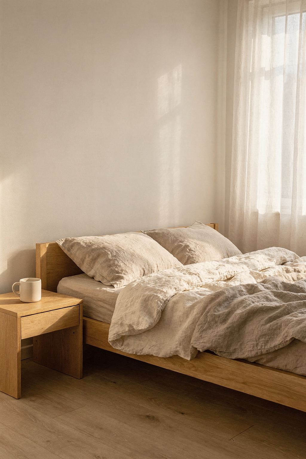 Ein minimalistisches Schlafzimmer mit niedrigem Plattformbett aus hellem Holz und neutraler Bettwäsche.