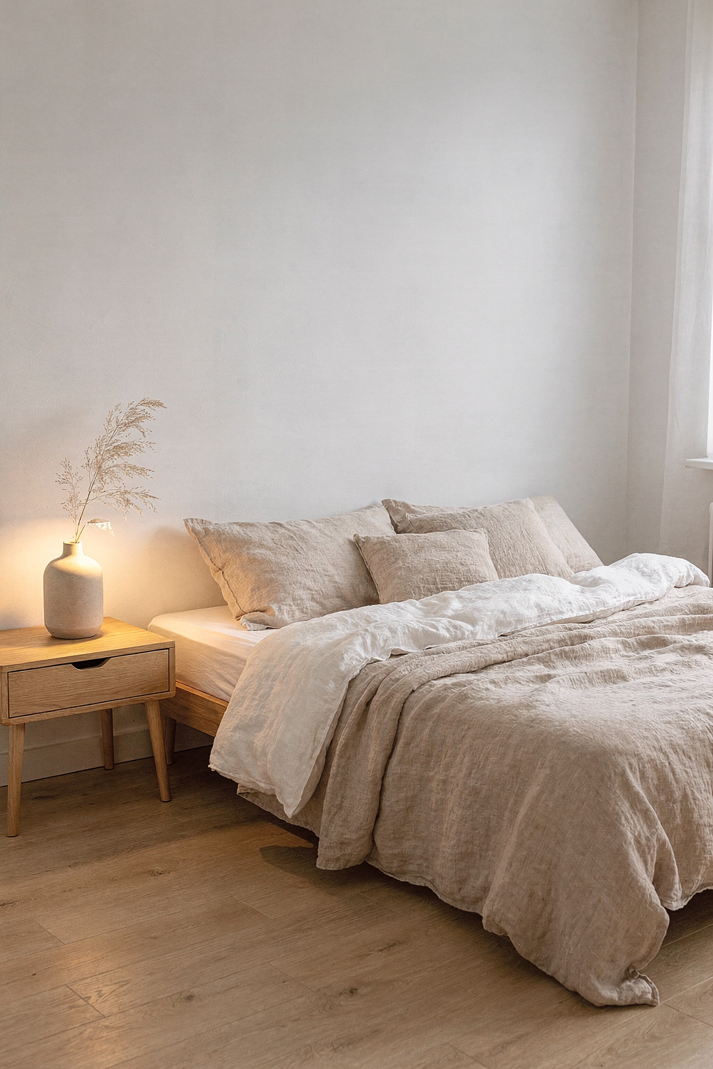 Ein modernes Schlafzimmer im skandinavischen Stil mit niedrigem Plattformbett und neutraler Bettwäsche.