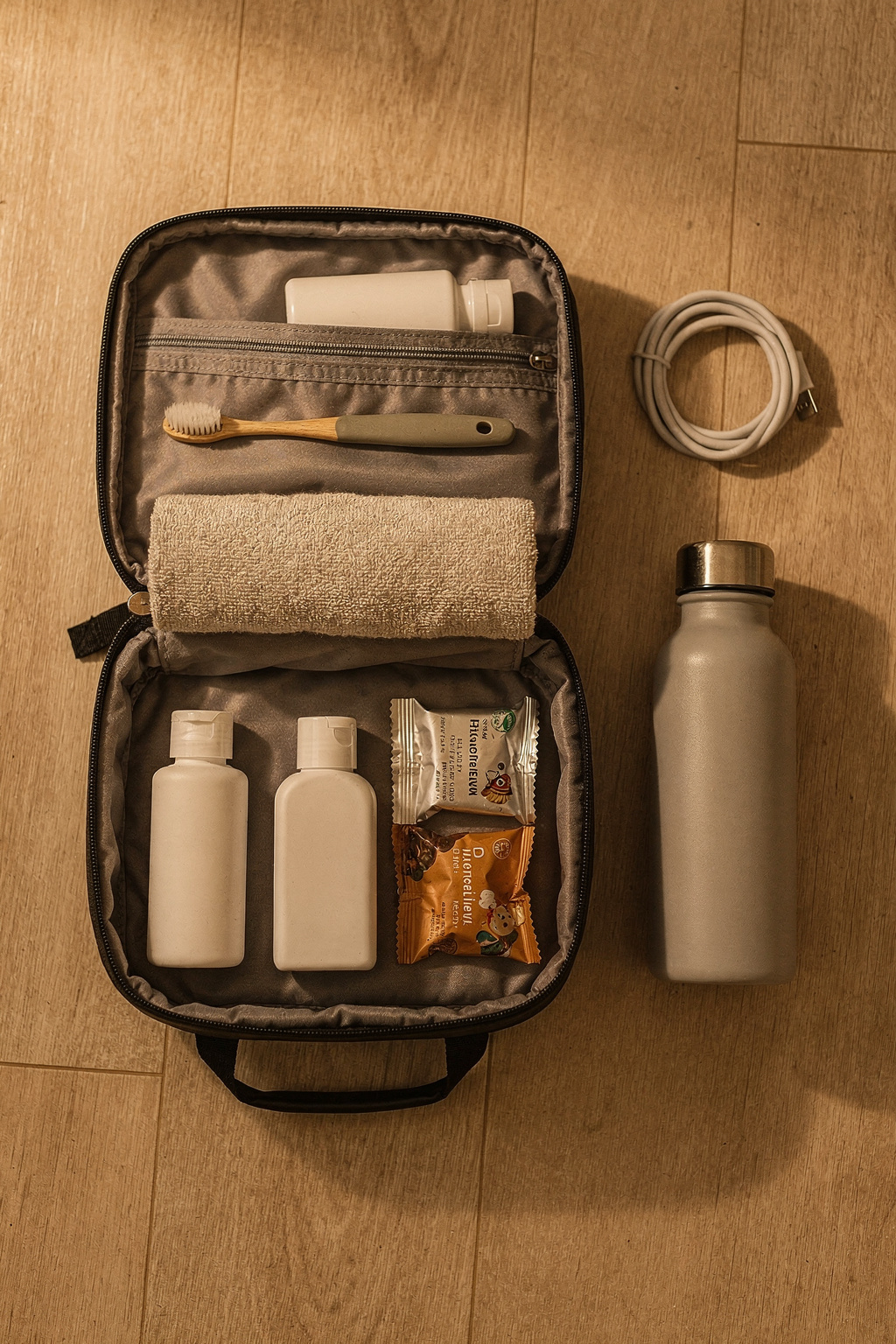 Ein kleiner Notfallkoffer mit Handtuch, Zahnbürste und Snacks liegt griffbereit neben einem Schlafsack.