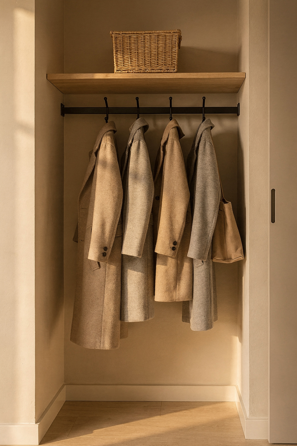 Eine Wandnische im Flur mit Haken, schmaler Holzablage und Körben dient als kompakte Garderobe.