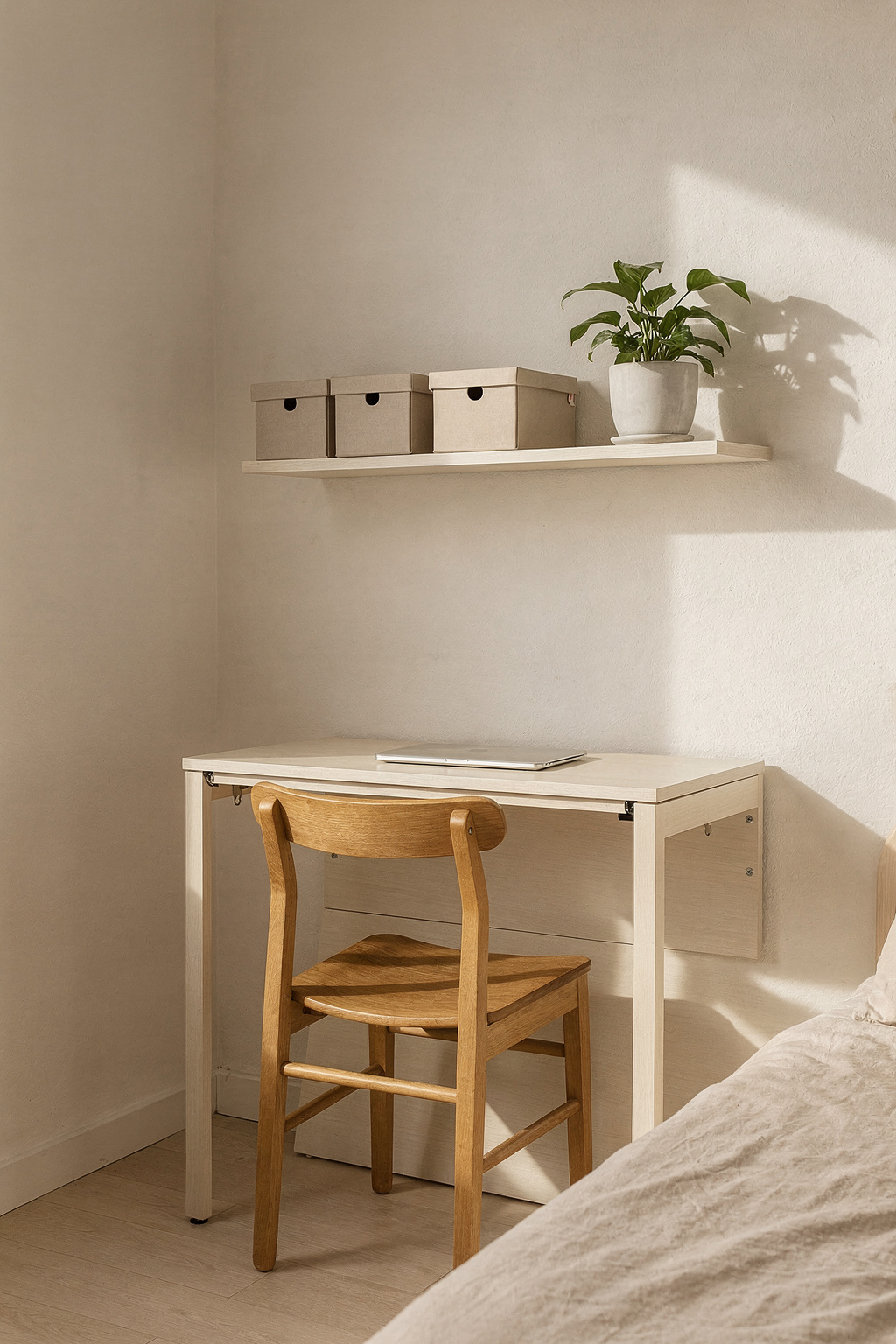 Ein schmaler Schreibtisch an der Wand eines kleinen Schlafzimmers, mit Regalboard darüber und natürlichem Licht.