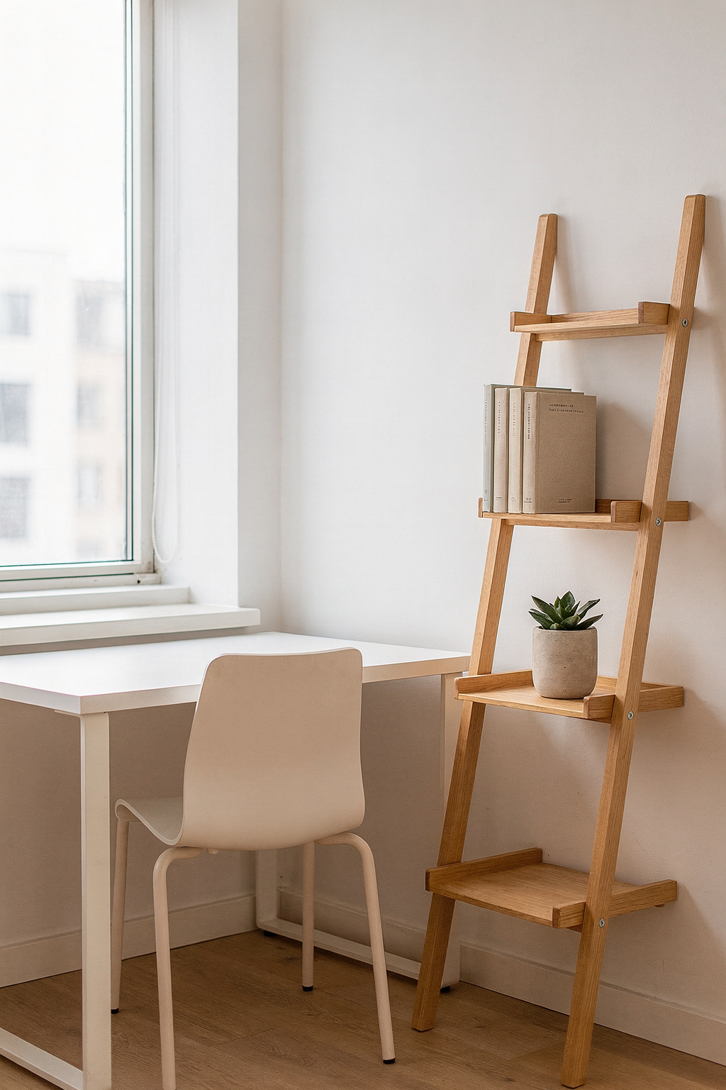 Ein kleines Arbeitszimmer mit weißem Schreibtisch am Fenster und einer Holzleiter als Regal daneben.
