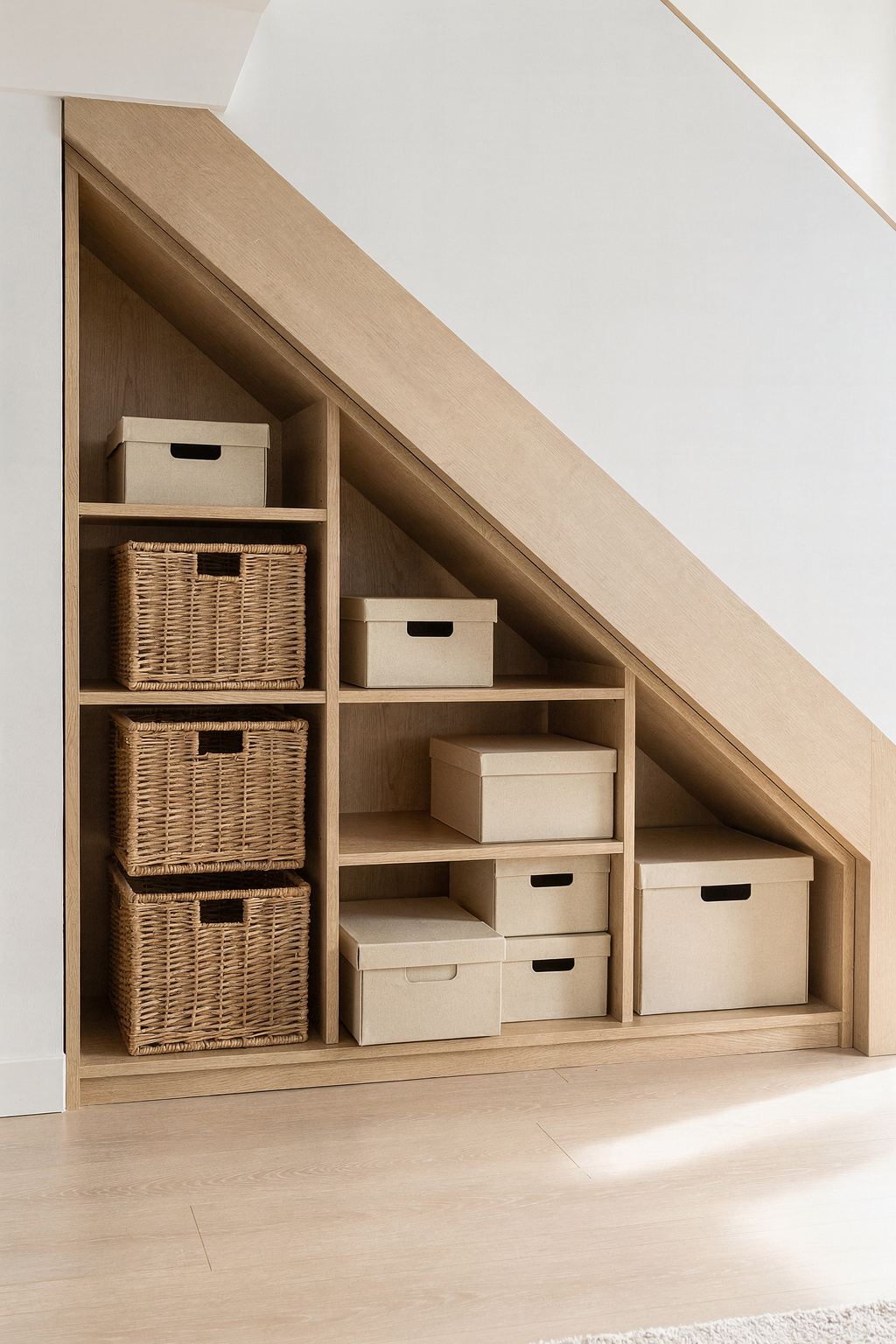 Einbauschrank unter der Treppe mit offenen Holzregalen und geflochtenen Körben für Stauraum.