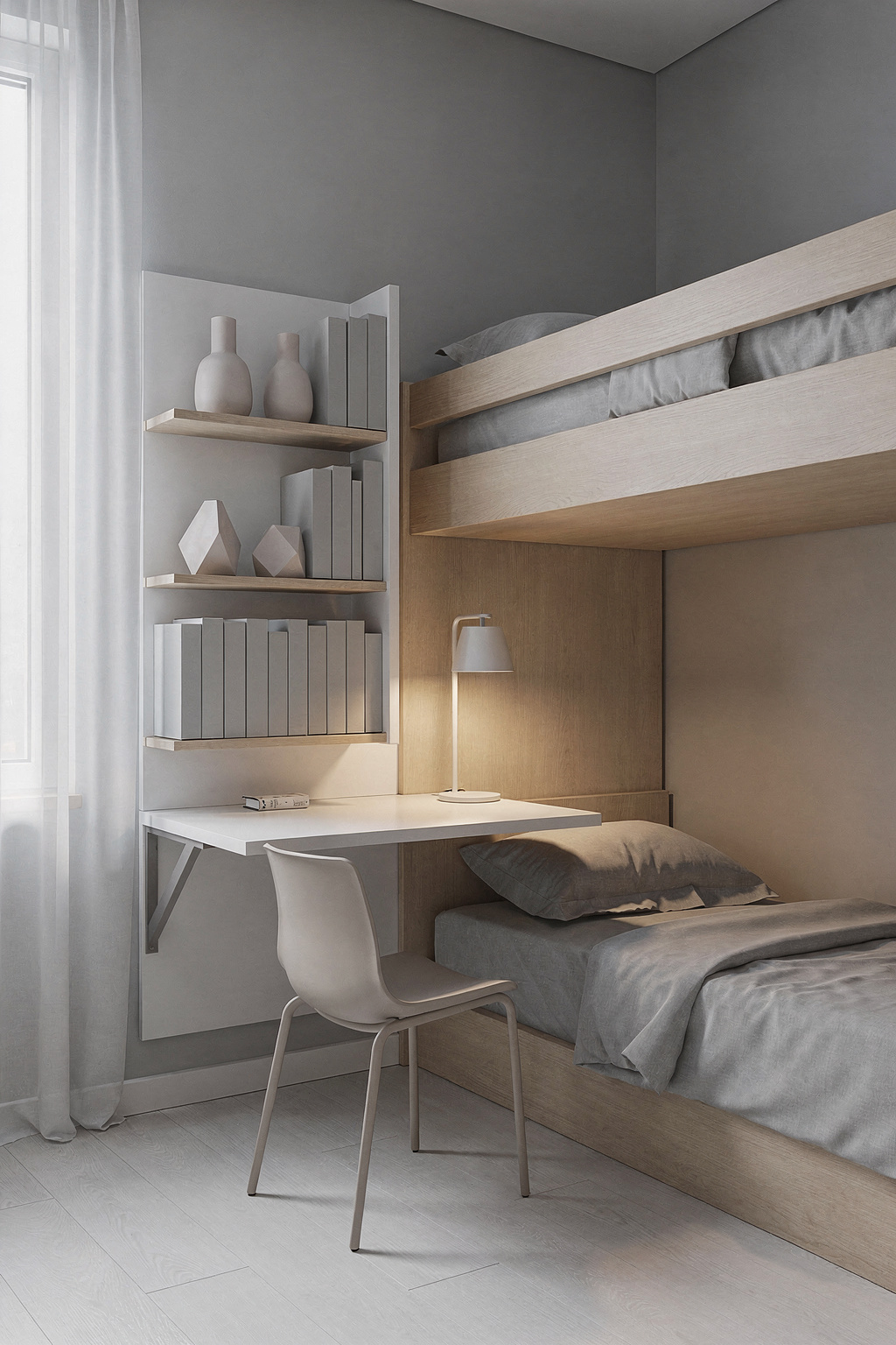 Kleines Schlafzimmer mit platzsparendem Hochbett und integriertem Schreibtisch darunter.