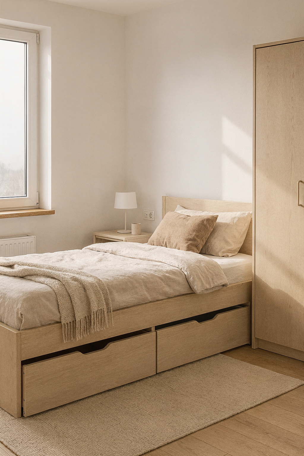 Kleines Schlafzimmer mit IKEA Bett mit Schubladen darunter und schmalem Kleiderschrank in hellen Farben.