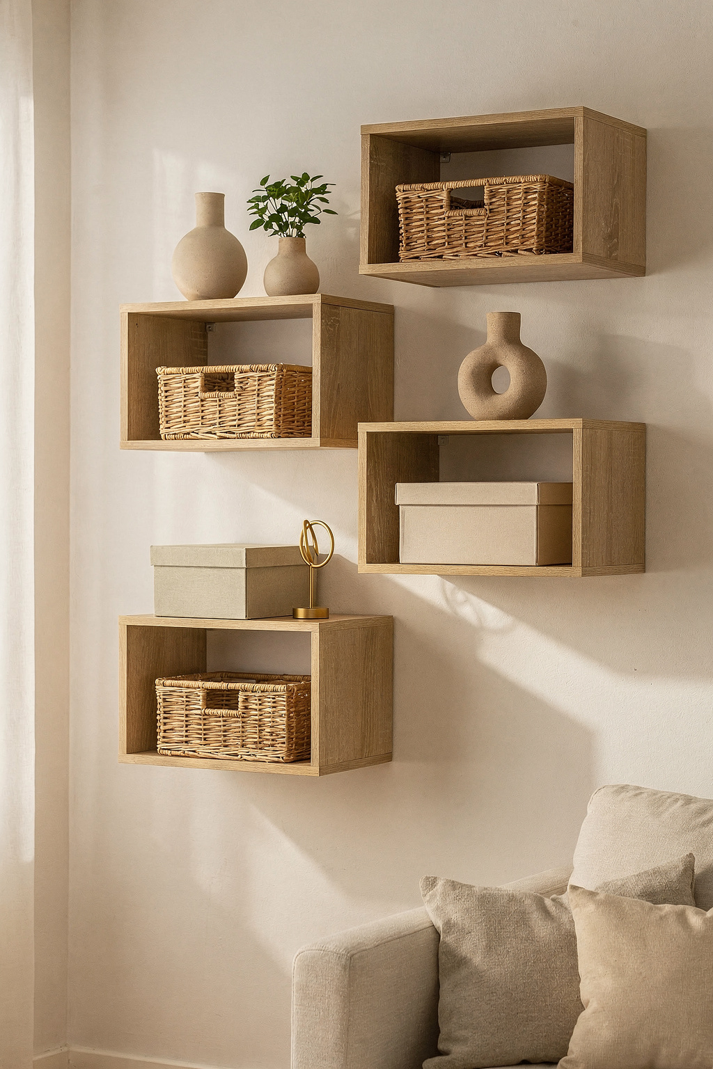 Wohnzimmer mit Schwebenden Regalen an der Wand, auf denen unlabeled Körbe und Deko stehen.