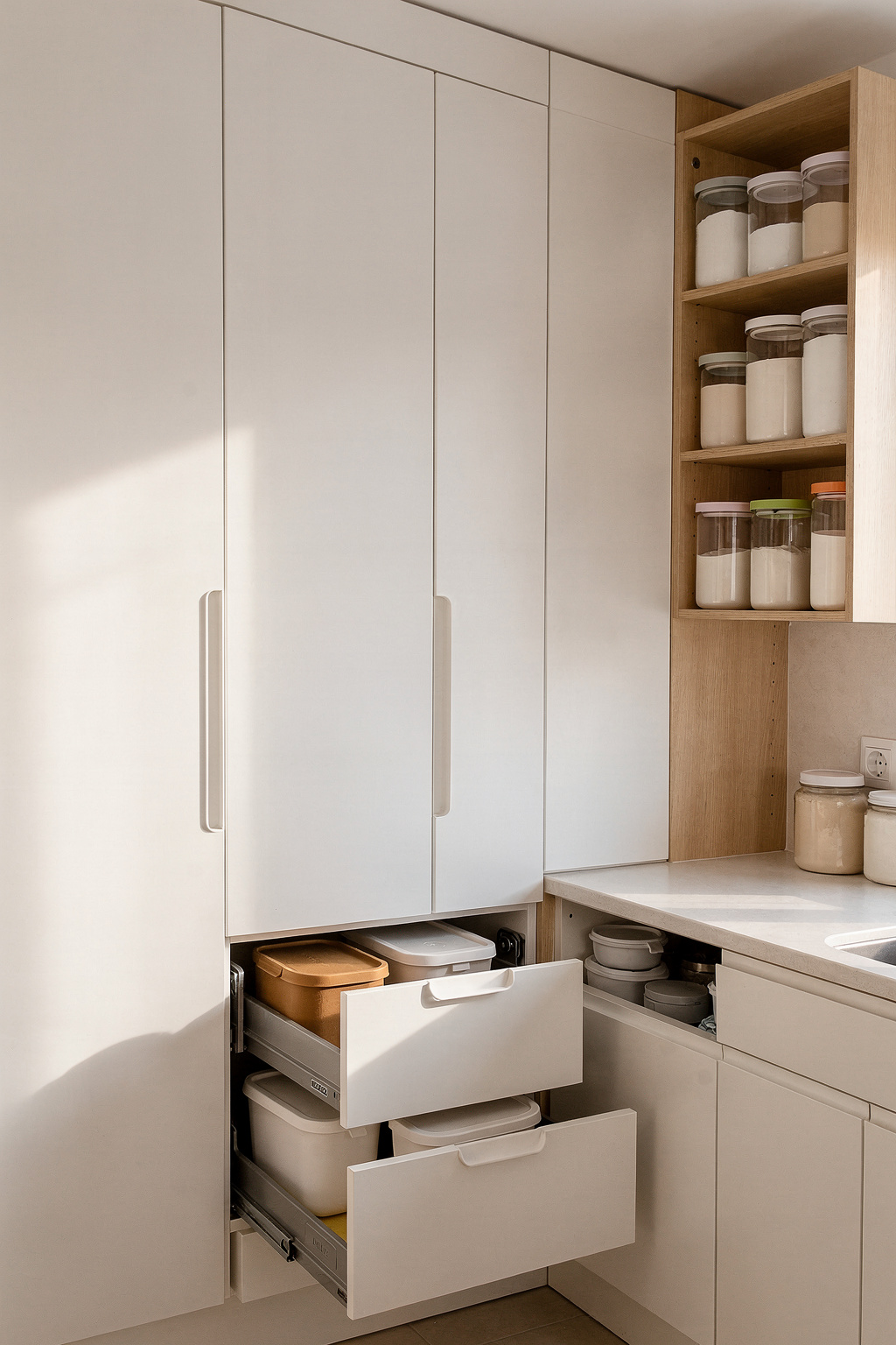 Hochschränke und Hängeschränke in einer kleinen U-Küche nutzen die Wandfläche effizient bis zur Decke.