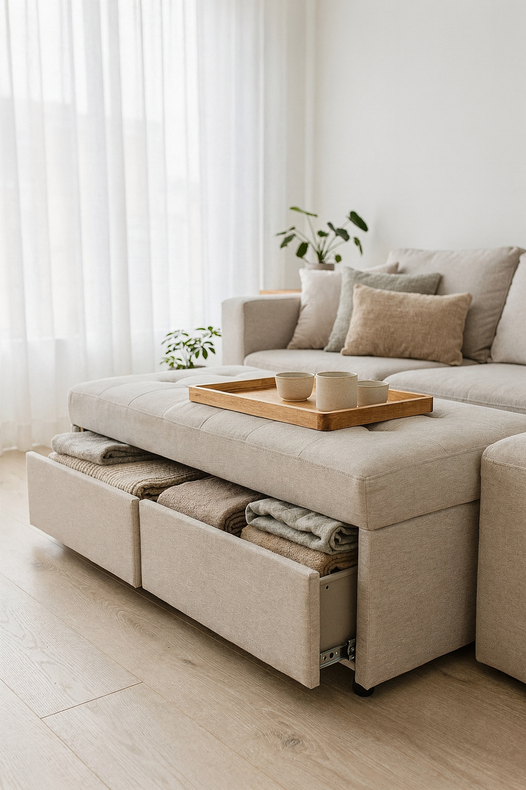 Helles Wohnzimmer mit Stauraum unter dem Sofa und einem Ottomane als Aufbewahrung.