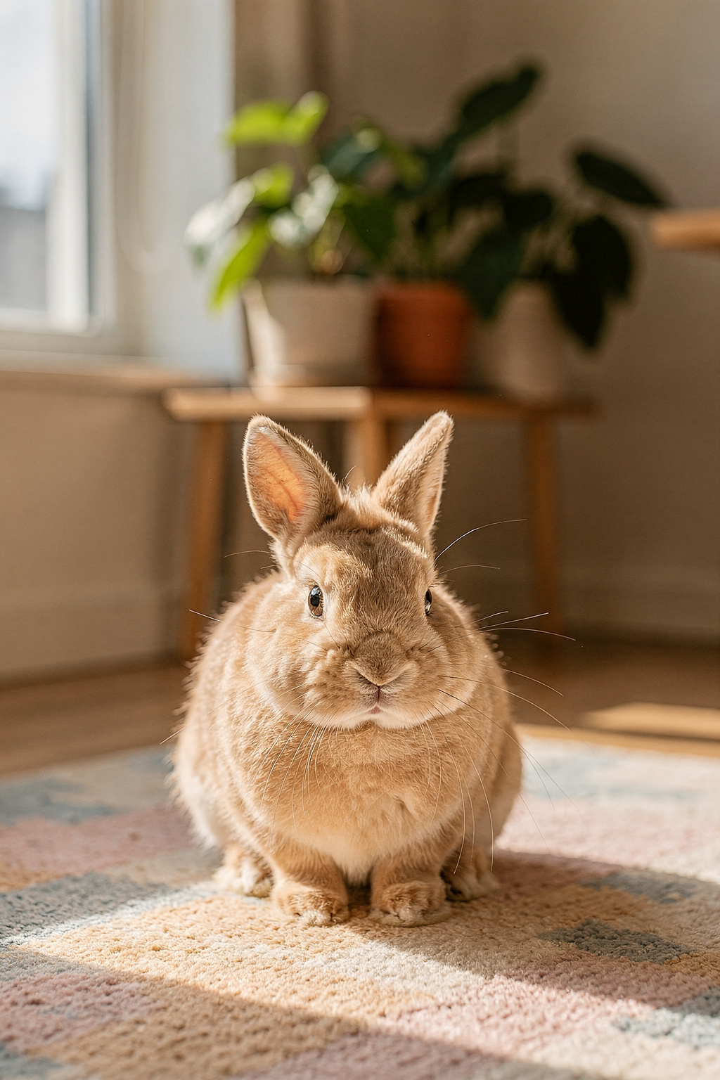 Ein Zwergkaninchen sitzt auf einem weichen Teppich in einer hellen Wohnung mit skandinavischem Einrichtungsstil.