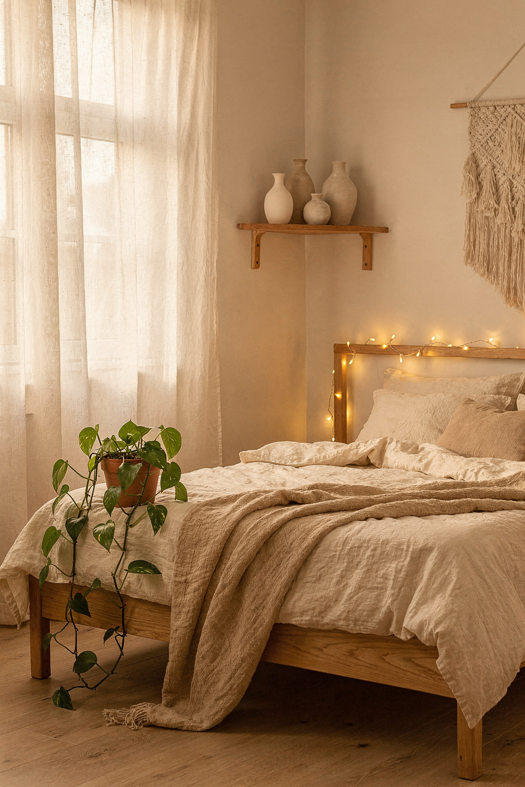 Ein gemütliches Schlafzimmer im Scandinavian-Boho-Stil mit Lichterkette, Holzbett und Zimmerpflanze.
