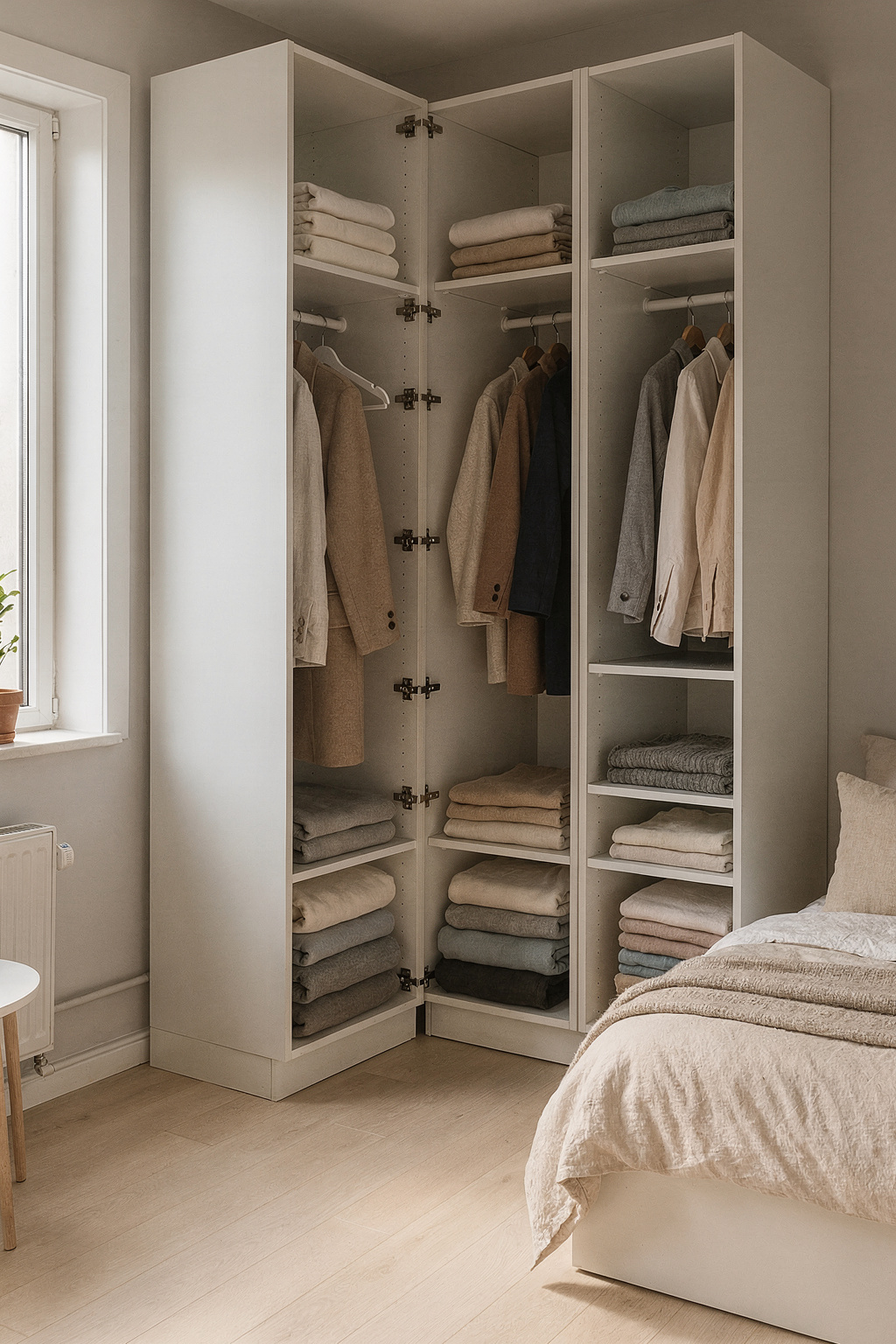 Ein kleines Schlafzimmer mit einer offenen Ankleide aus hellen Regalen und ordentlich sortierten Kleidungsstücken.