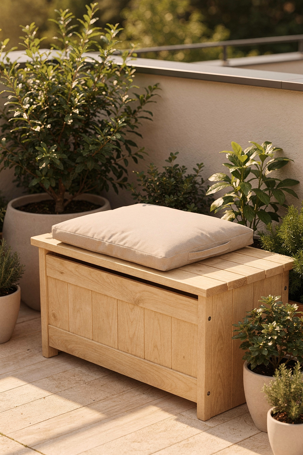 Eine kompakte Gartenbank mit Stauraum steht auf einer Terrasse, umgeben von Topfpflanzen im Sonnenlicht.