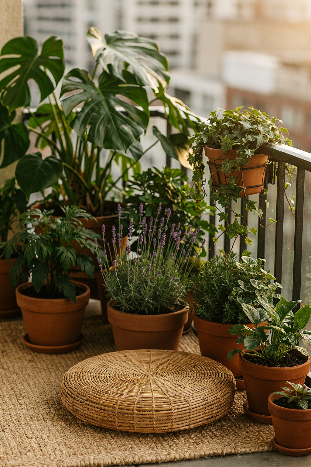 Bepflanzter Balkon mit verschiedenen Kübelpflanzen und einem gemütlichen Sitzbereich.