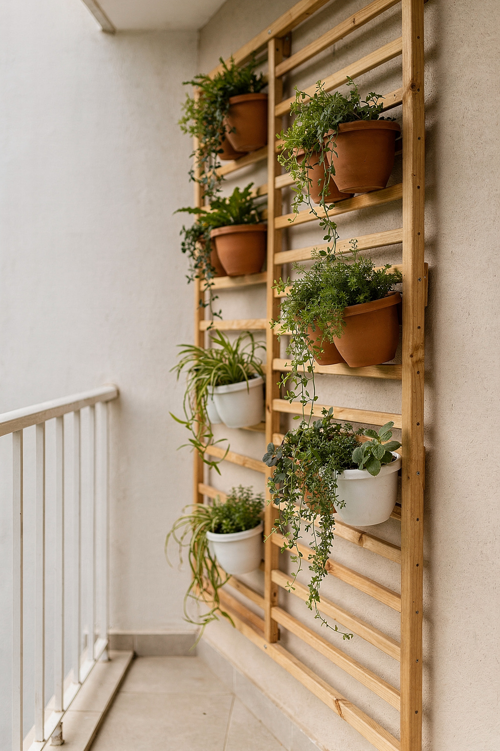 Schmaler Balkon mit vertikalem Pflanzgitter an der Wand und hängenden Töpfen als platzsparende Begrünung.