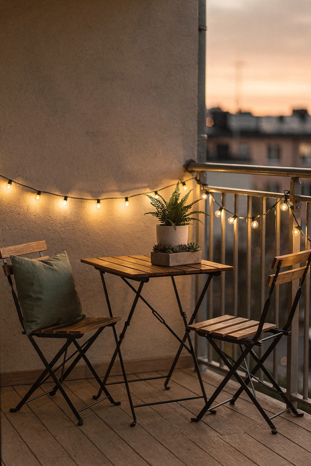 Ein kleiner Balkon mit Bistrotisch, zwei Stühlen und Lichterkette am Abend.