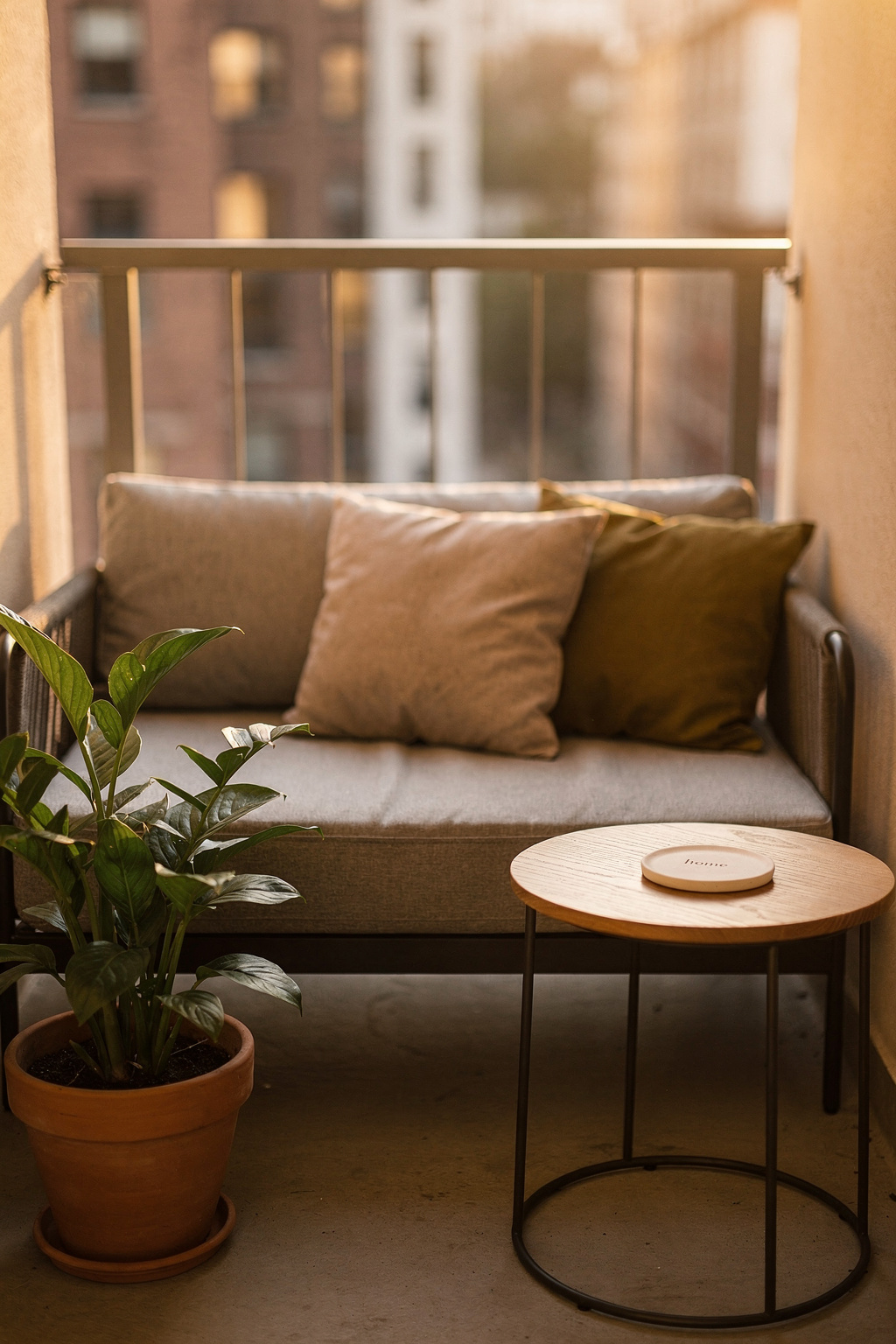 Ein kompaktes Zweisitzer Sofa auf einem kleinen Stadtbalkon mit Kissen und einer Topfpflanze.