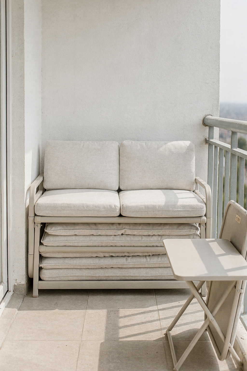 Winziger Balkon mit einem faltbaren Sofa und platzsparenden Möbeln in hellen Farben.