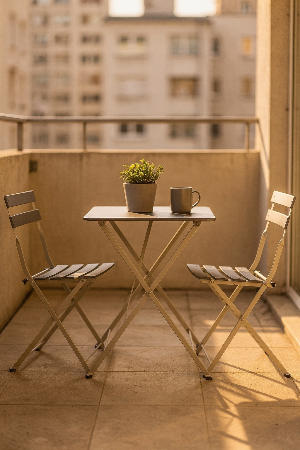 Balkonmöbel Set mit Klapptisch und Klappstühlen auf einem schmalen Stadtbalkon bei Sonnenlicht.