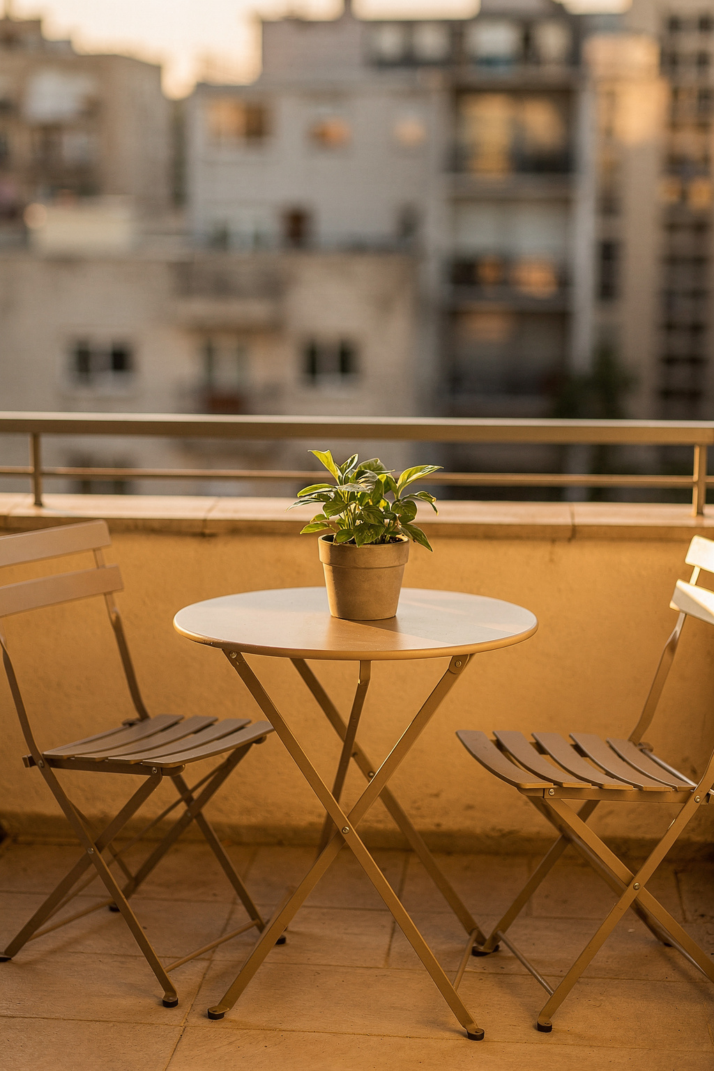 Kleiner Balkon mit kompaktem Bistro Set aus Tisch und zwei Stühlen, dekoriert mit einer Topfpflanze.