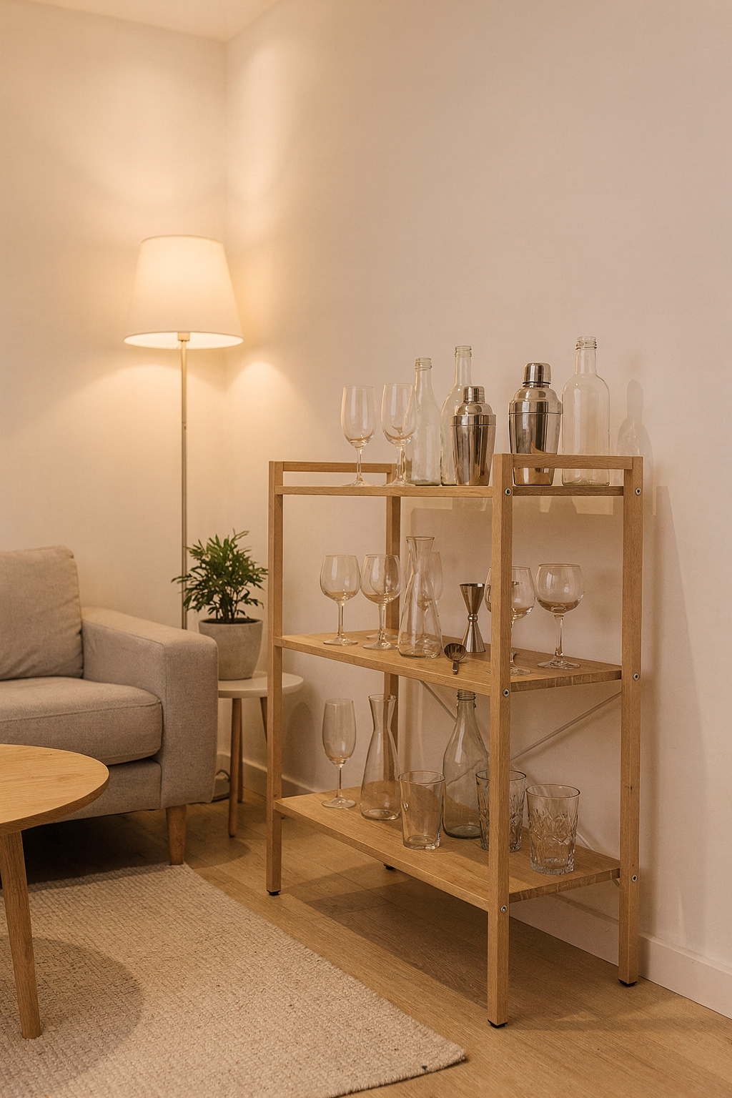 Eine schmale Bar-Ecke im Wohnzimmer mit einem Barwagen, unlabeled Glasflaschen und Gläsern in warmem Licht.