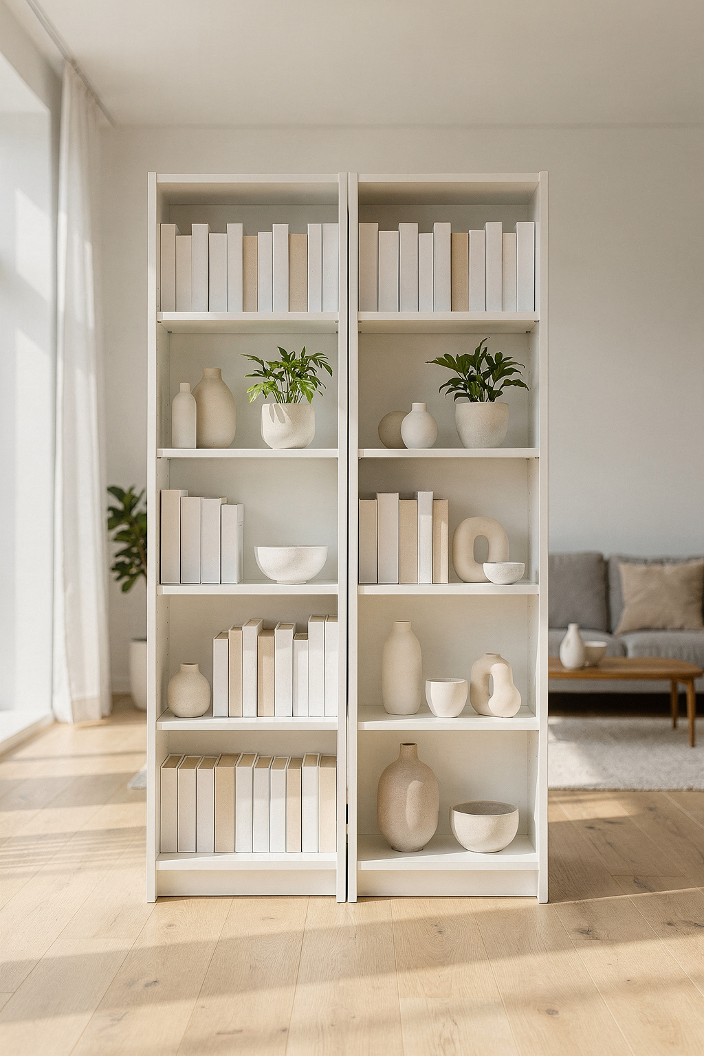 Zwei IKEA Billy Regale stehen nebeneinander und bilden einen symmetrischen Raumteiler im Wohnzimmer. Bücher und Pflanzen dekorieren die offenen Fächer.