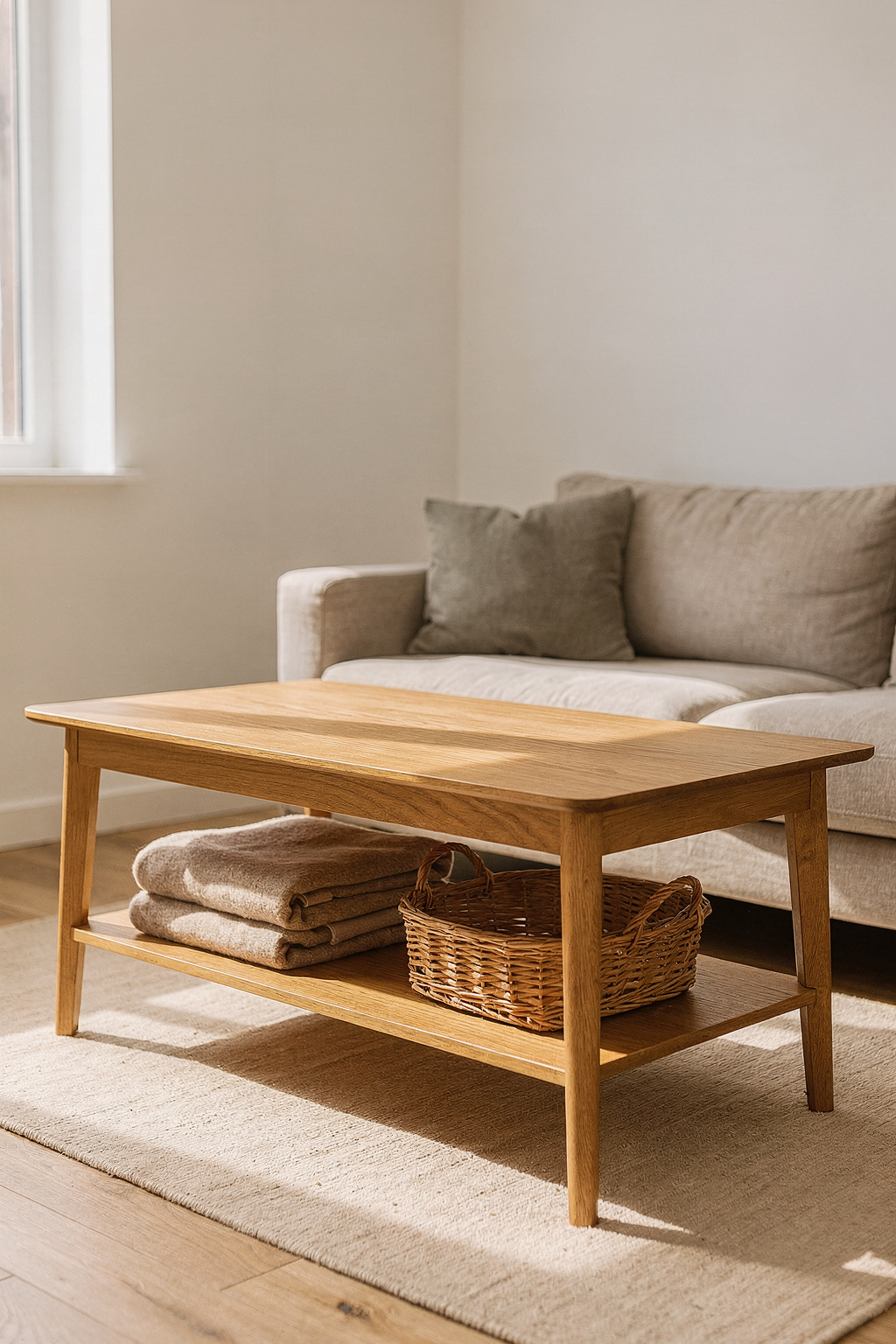 Kleiner Couchtisch mit offenem Stauregal im Wohnzimmer, darauf eine Decke und ein Korb.