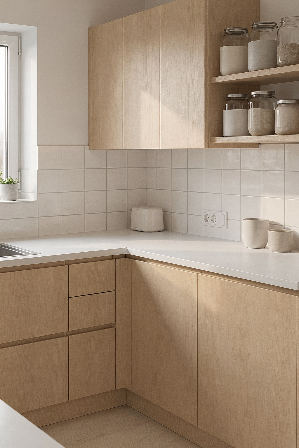 Eine kleine L-Küche mit hellen Holzschränken und weißer Arbeitsplatte. Offene Regale nutzen die Wandfläche optimal aus.
