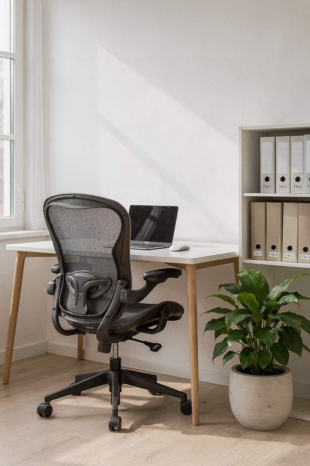 Ergonomischer Bürostuhl am Schreibtisch im Homeoffice, daneben ein kleines Regal mit Ordnern.