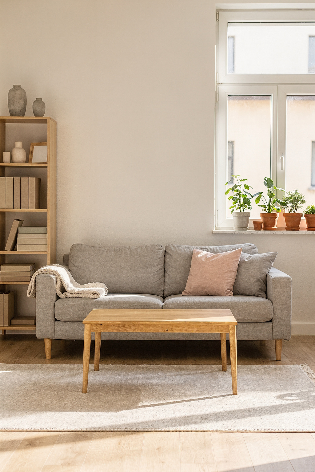 Helles Wohnzimmer einer ersten eigenen Wohnung mit günstigen Möbeln im skandinavischen Stil.