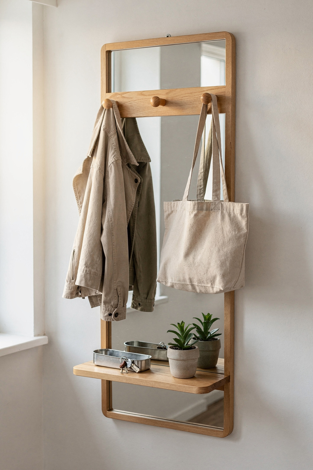 Wandmontierte Garderobe mit Spiegel im Flur einer kleinen Wohnung, mit Haken und Ablage.