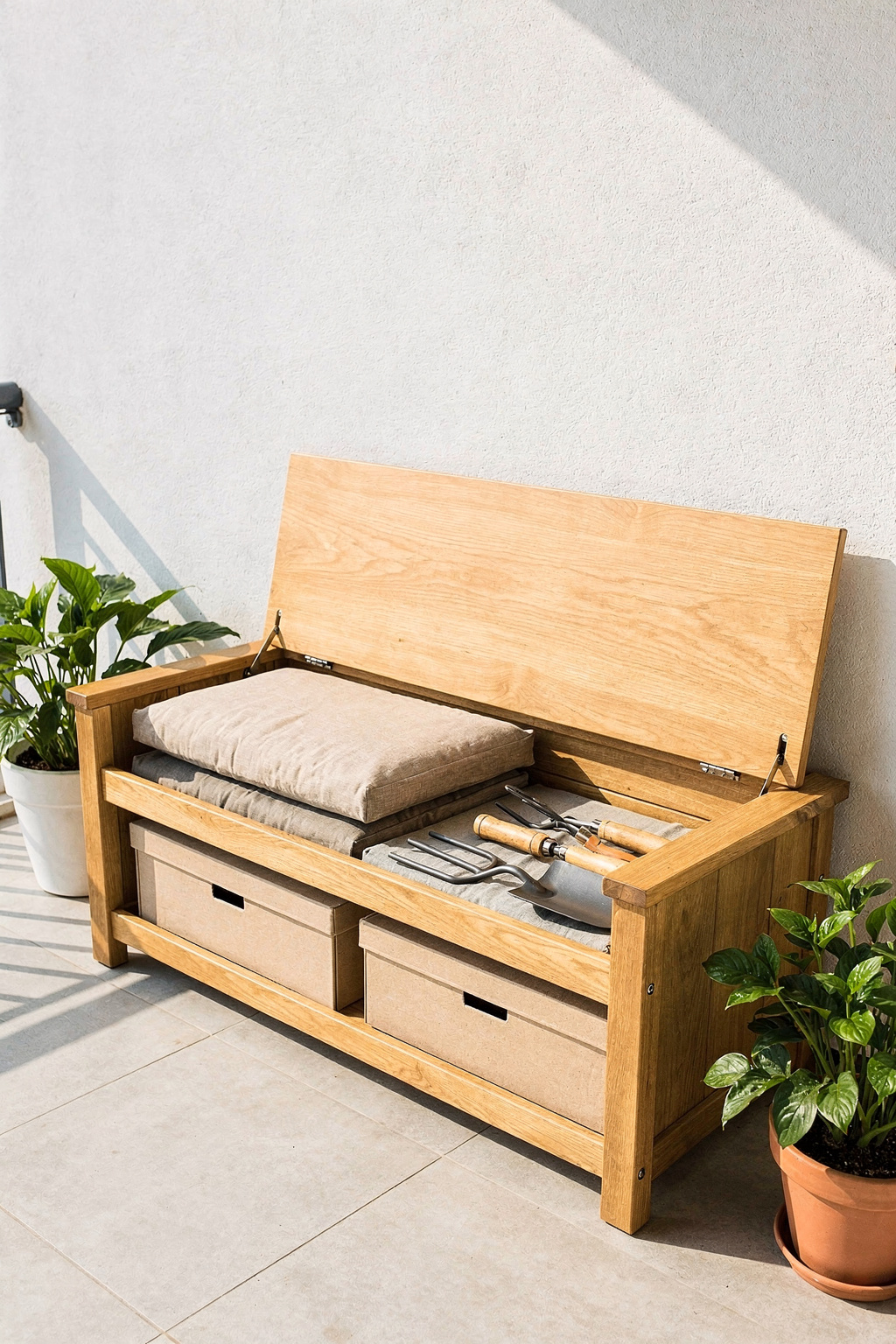 Eine Holz Gartenbank mit geöffnetem Deckel zeigt Stauraum für Kissen und Gartengeräte auf einem Balkon.