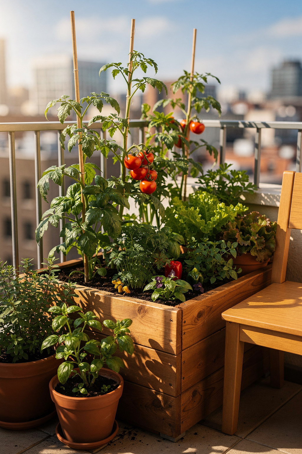 Kleiner Gemüsegarten mit Hochbeet aus Holz, bepflanzt mit Tomaten, Salat und Kräutern auf einem Balkon.