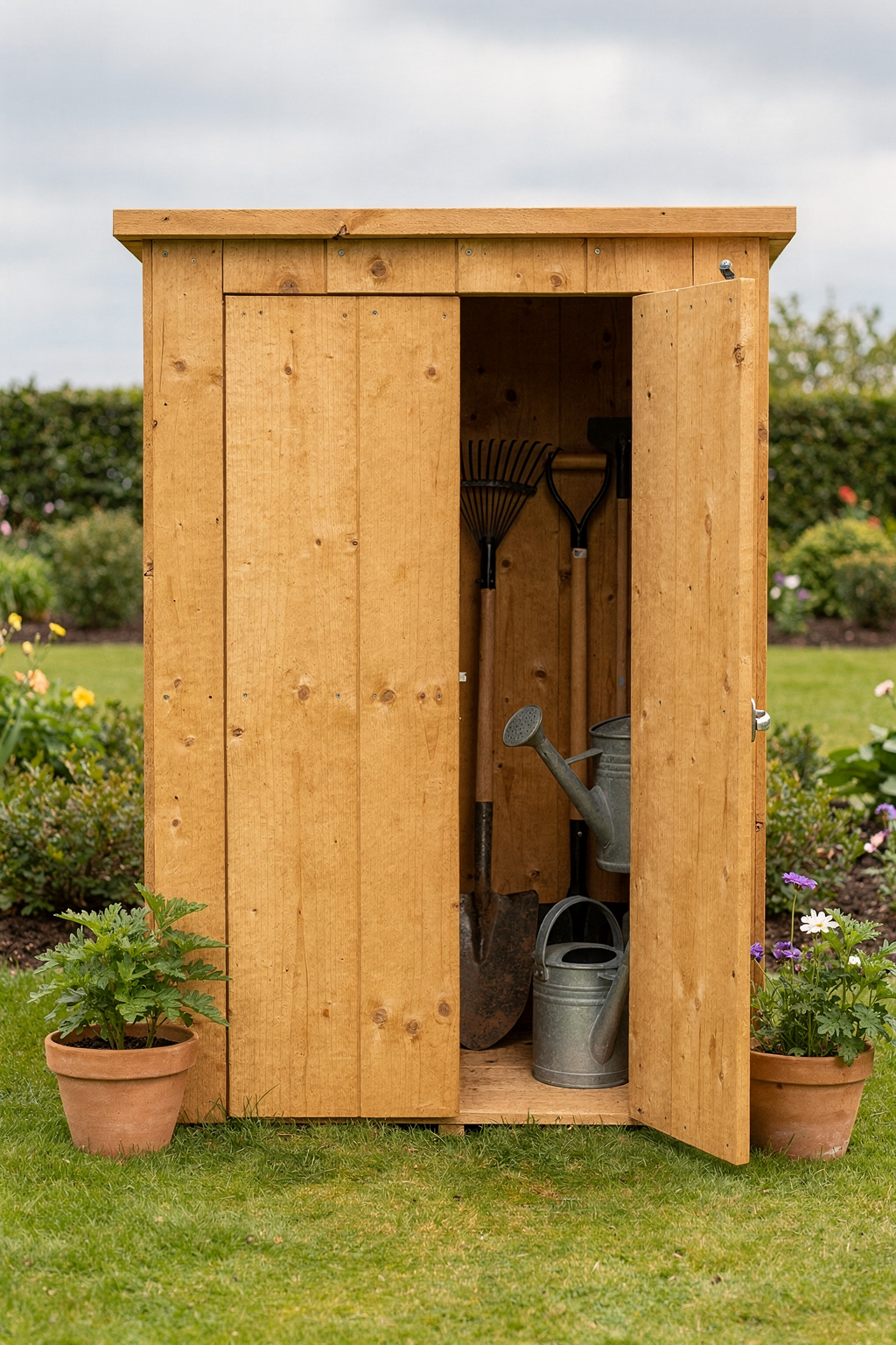 Ein kleines Gerätehaus aus Holz steht in einem aufgeräumten Garten, die Tür ist leicht geöffnet.
