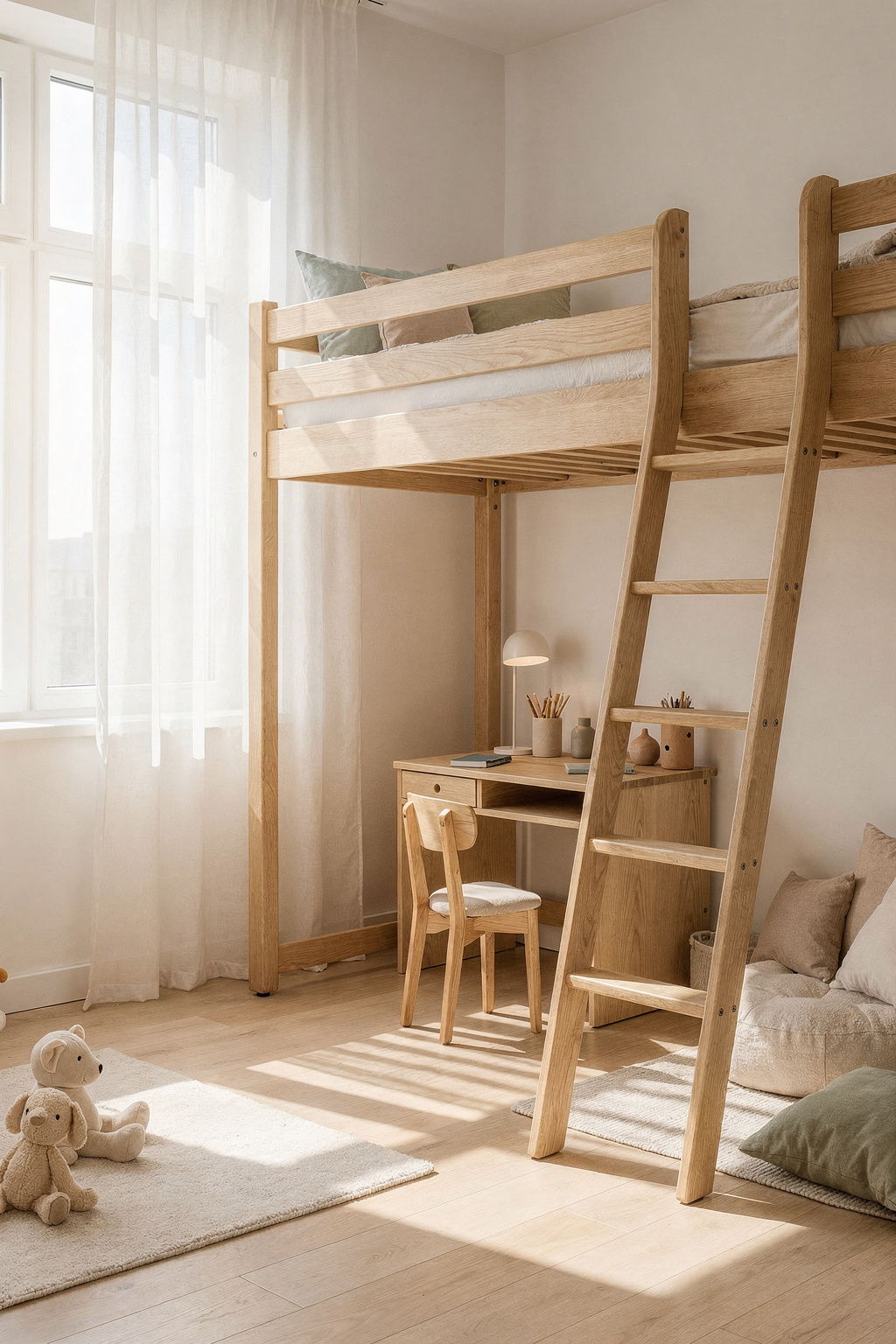 Hochbett mit Leiter im Kinderzimmer, darunter ein kleiner Schreibtisch mit Stuhl als Lernbereich.