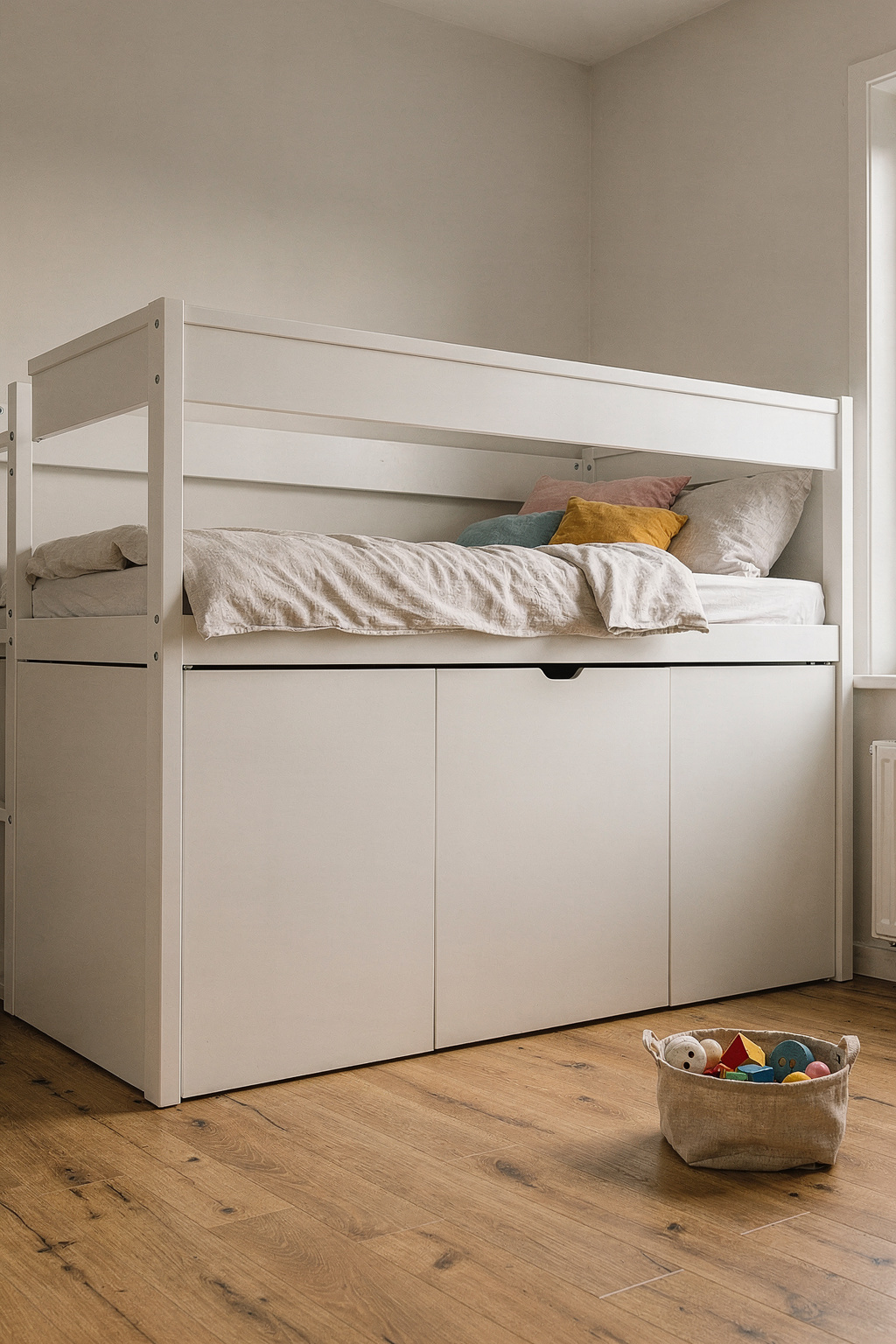 Ein helles Kinderzimmer mit einem Hochbett und integriertem Kleiderschrank darunter auf Holzboden.