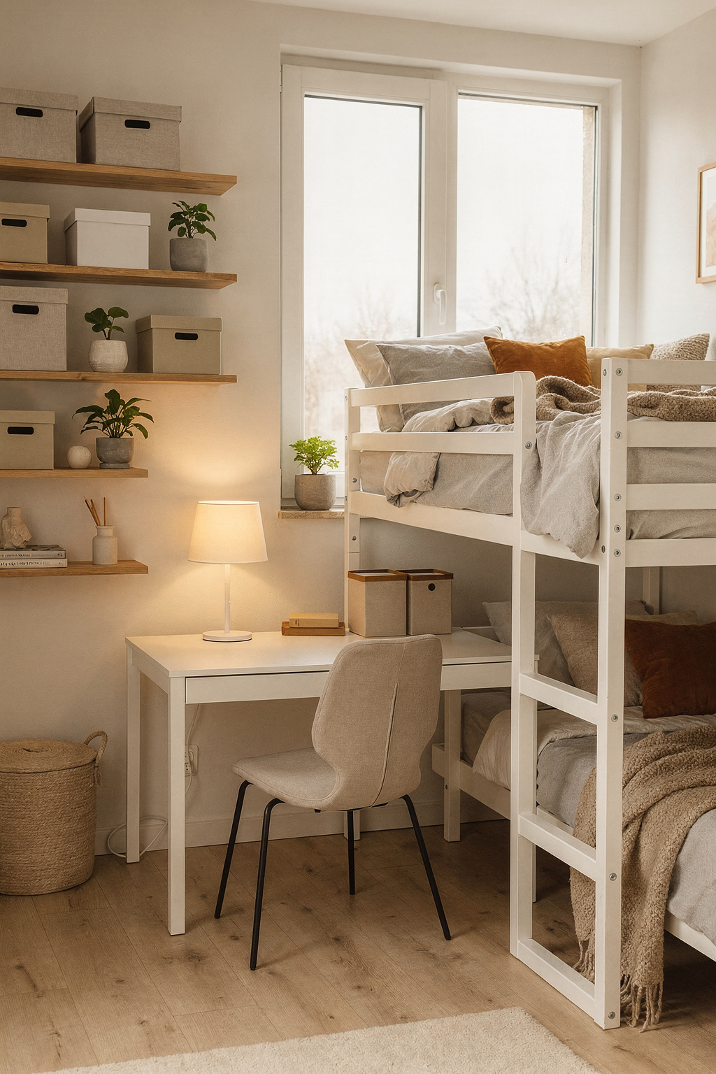 Ein kleines Jugendzimmer mit Hochbett und Schreibtisch darunter, helles Tageslicht fällt ins Zimmer.