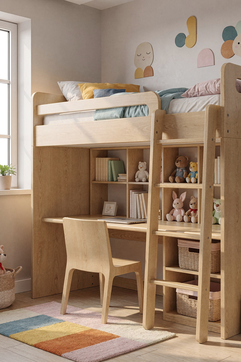 Ein Hochbett mit Schreibtisch darunter in einem kleinen Kinderzimmer. Die platzsparende Kombination nutzt die Raumhöhe optimal.