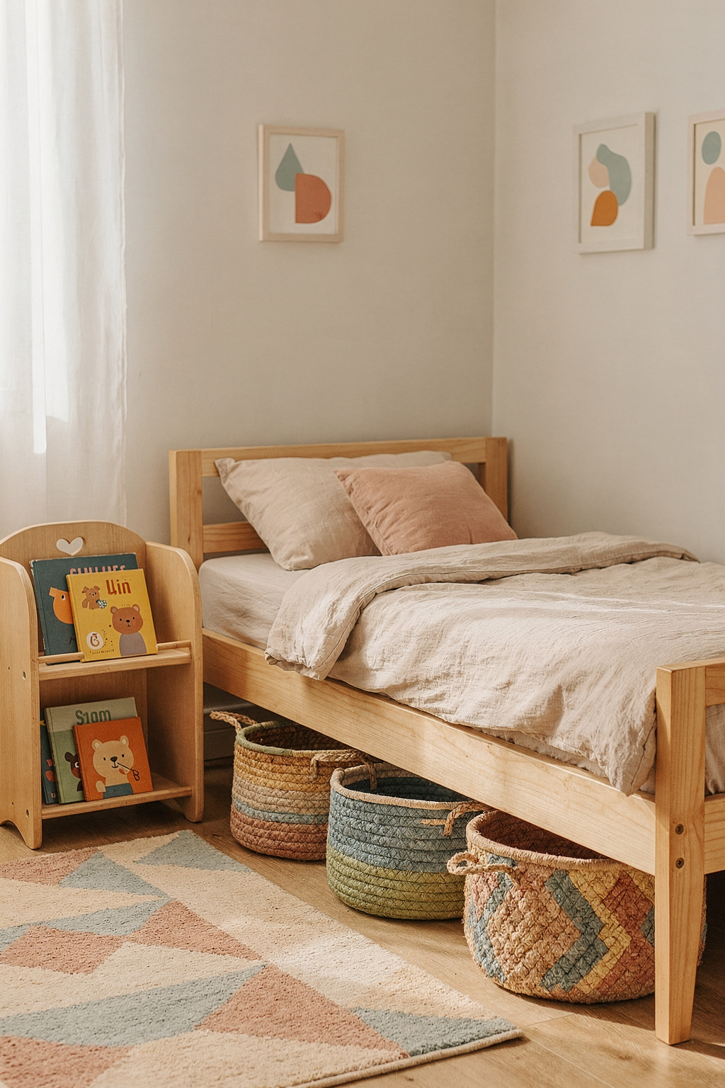 Ein helles Kinderzimmer mit Holzbett, bunten Körben und einem Kinderregal auf Augenhöhe.
