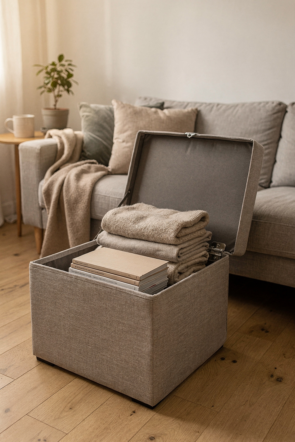 Ein Hocker mit Stauraum steht als Couchtisch im Wohnzimmer, der Deckel ist geöffnet und zeigt gefaltete Decken.