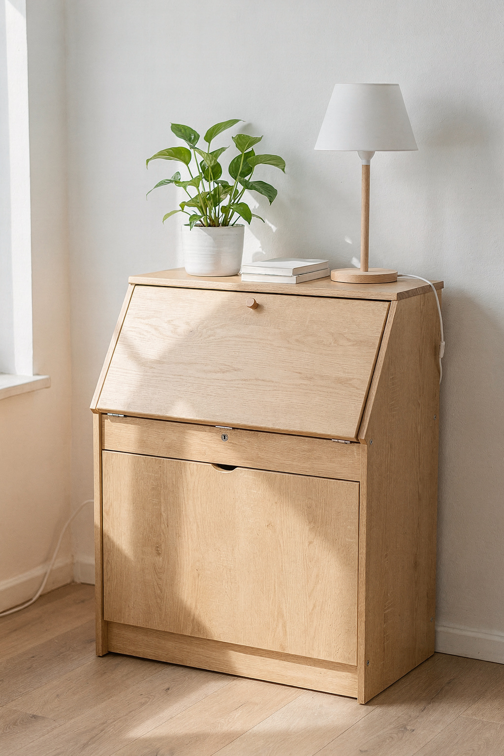 Ein kompakter IKEA Sekretär steht zugeklappt in einem kleinen Wohnzimmer mit minimalistischer Einrichtung.