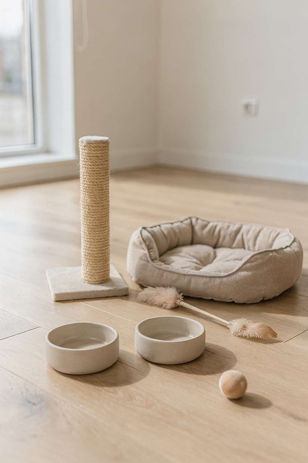 Katzen Erstausstattung auf Holzboden: Napf, Kratzbaumständer, Spielzeug und Katzenbett übersichtlich angeordnet.
