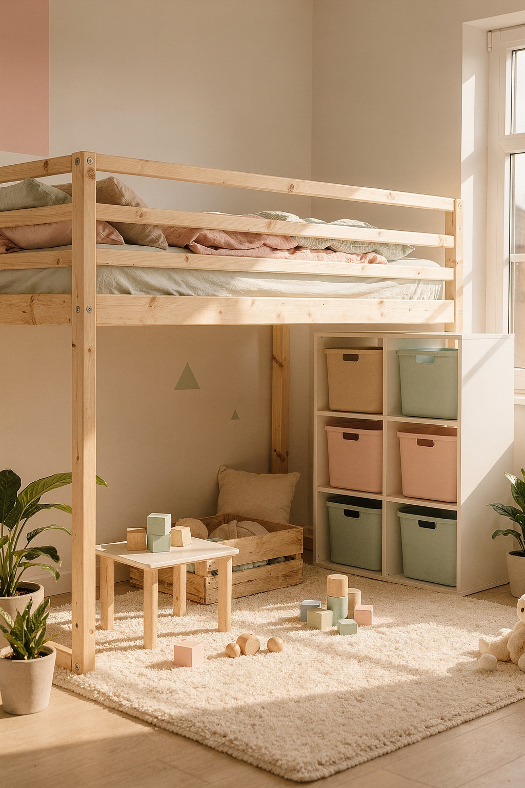 Hochbett im Kinderzimmer mit Spielbereich darunter, ideal für kleine Räume mit wenig Budget.