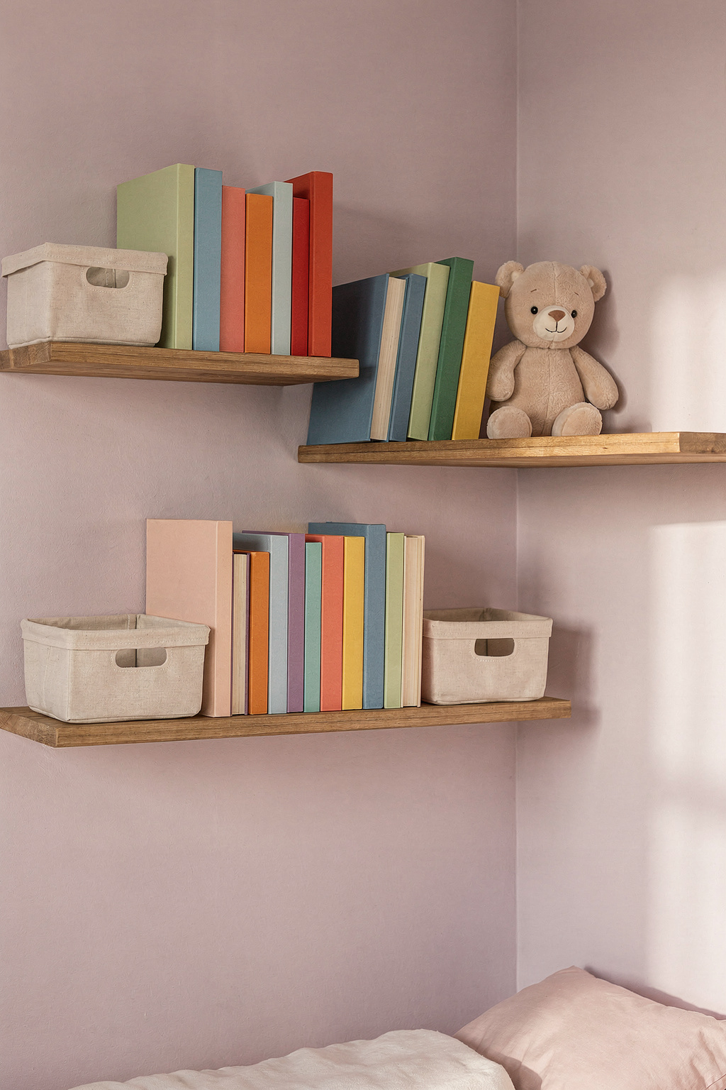Kinderzimmer mit Wandregalen in verschiedenen Höhen. Bücher und Spielzeug sind übersichtlich auf den Regalen angeordnet.