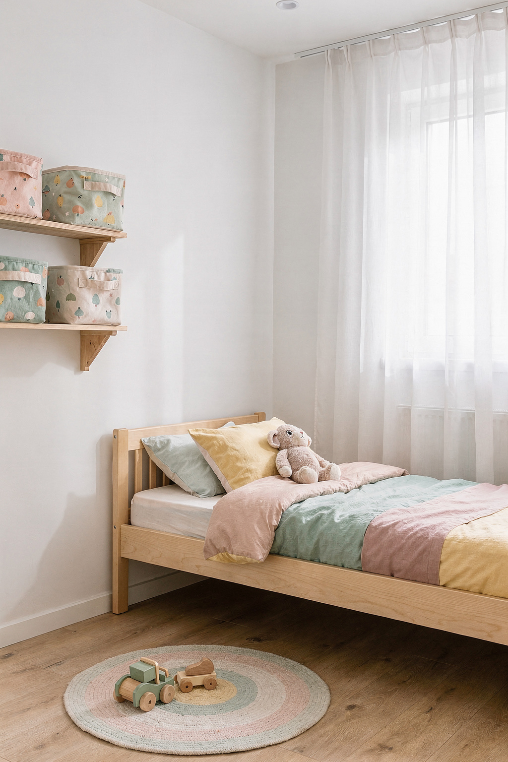 Ein kleines Kinderzimmer mit platzsparenden Möbeln und bunten Aufbewahrungskörben für kleine Räume.