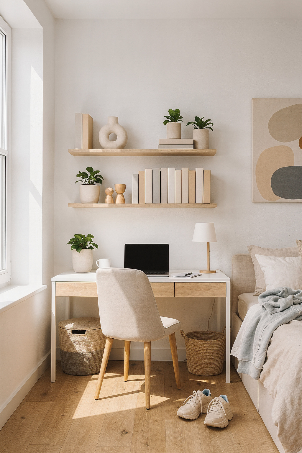 Wandregale im Jugendzimmer mit Dekoobjekten und Büchern, platzsparend über dem Schreibtisch montiert.