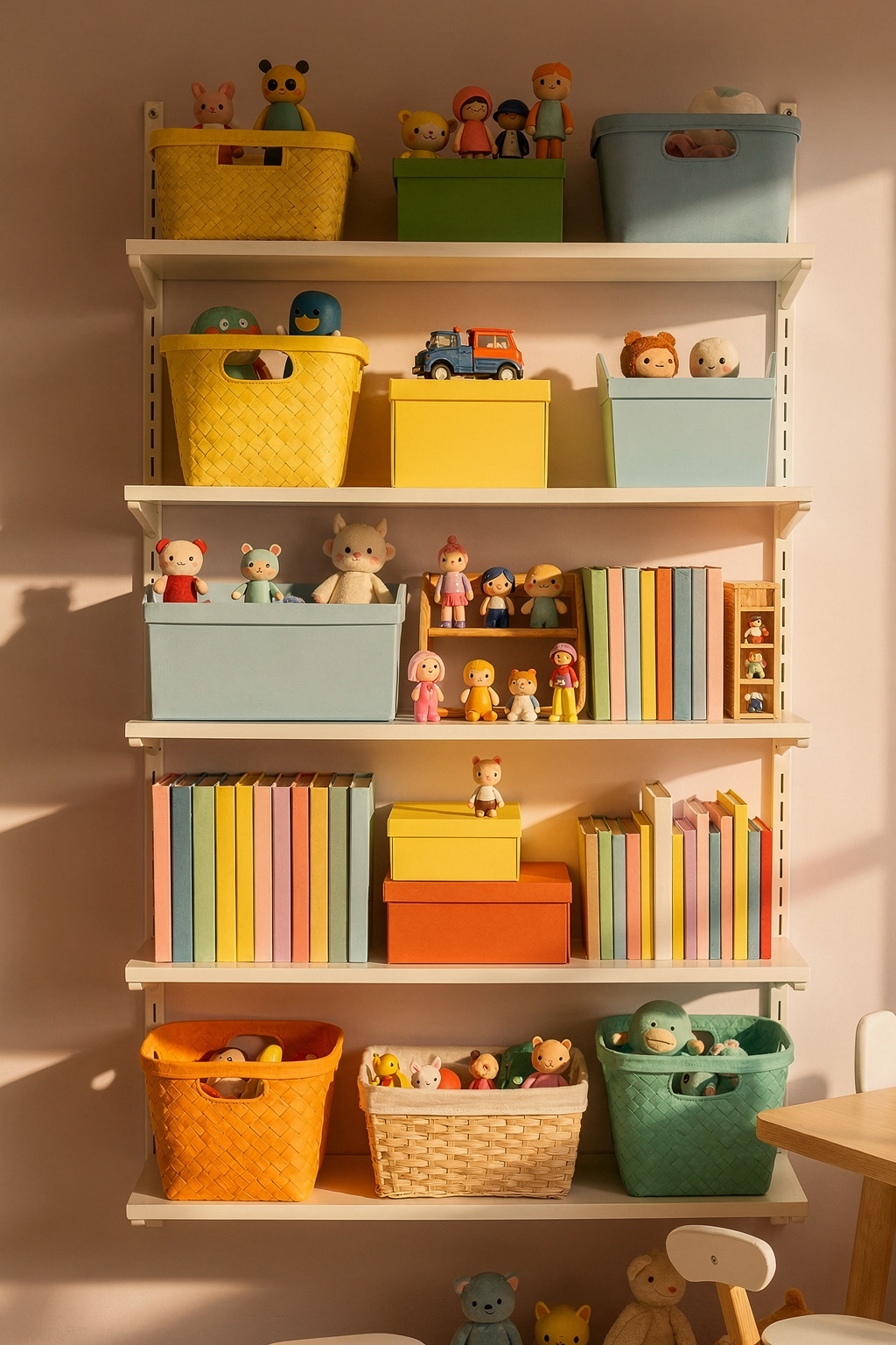 Offene Wandregale im Kinderzimmer mit bunten, unbeschrifteten Aufbewahrungskörben. Spielzeug und Bücher sind ordentlich sortiert.