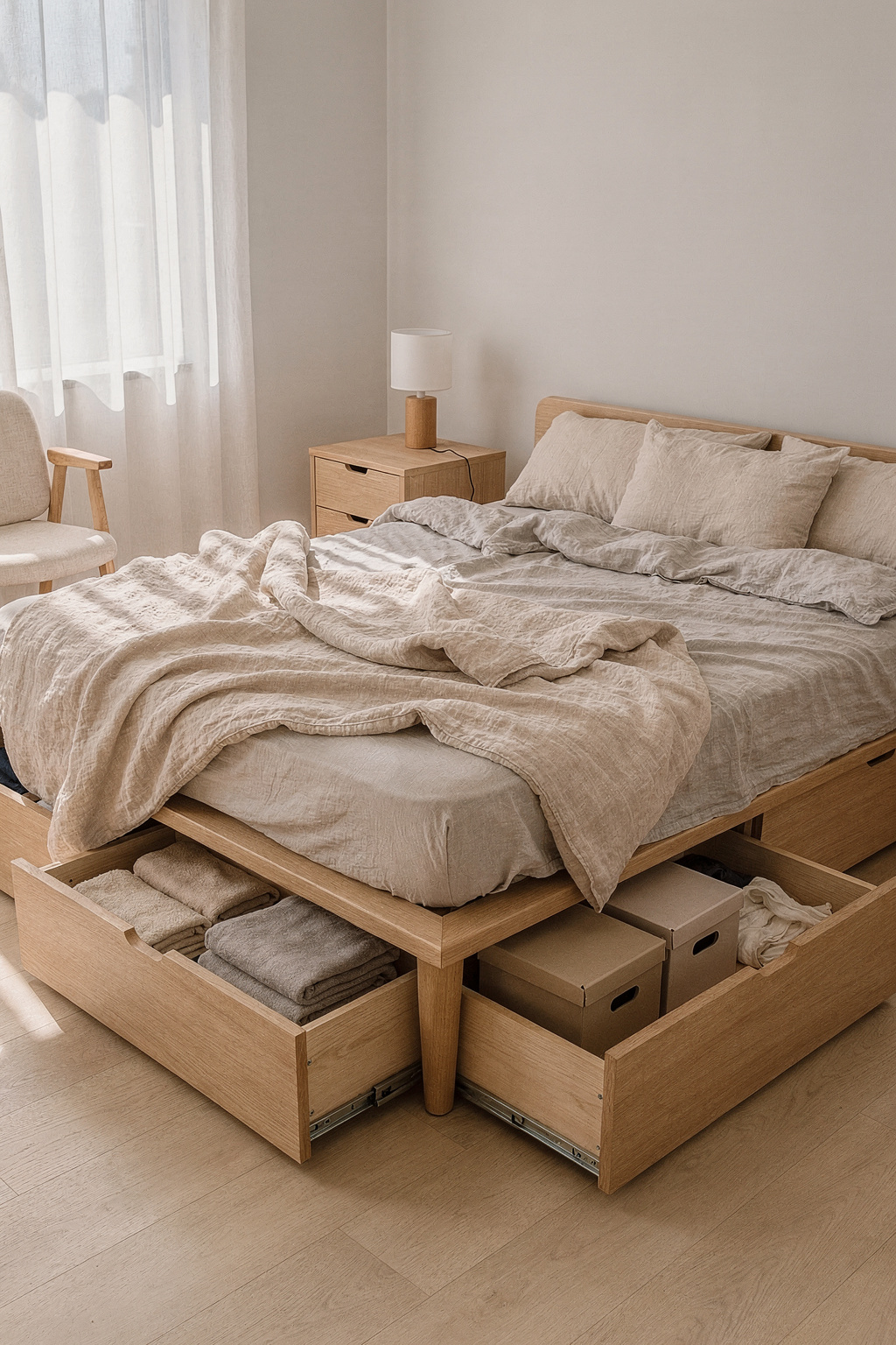 Ein Bett mit Stauraum in einer kleinen Wohnung, die geöffneten Schubladen zeigen ordentlich verstaunte Kleidung.