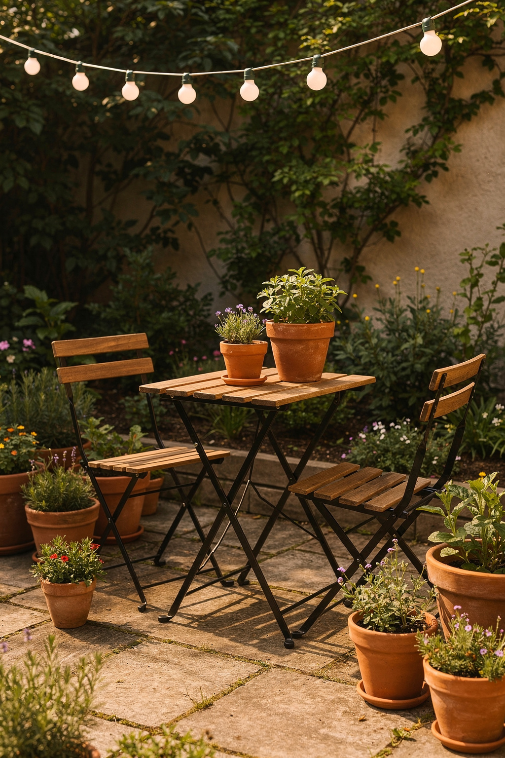 Kleine Sitzecke im Garten mit Bistrotisch und zwei Stühlen, umgeben von Topfpflanzen und Lichterketten.