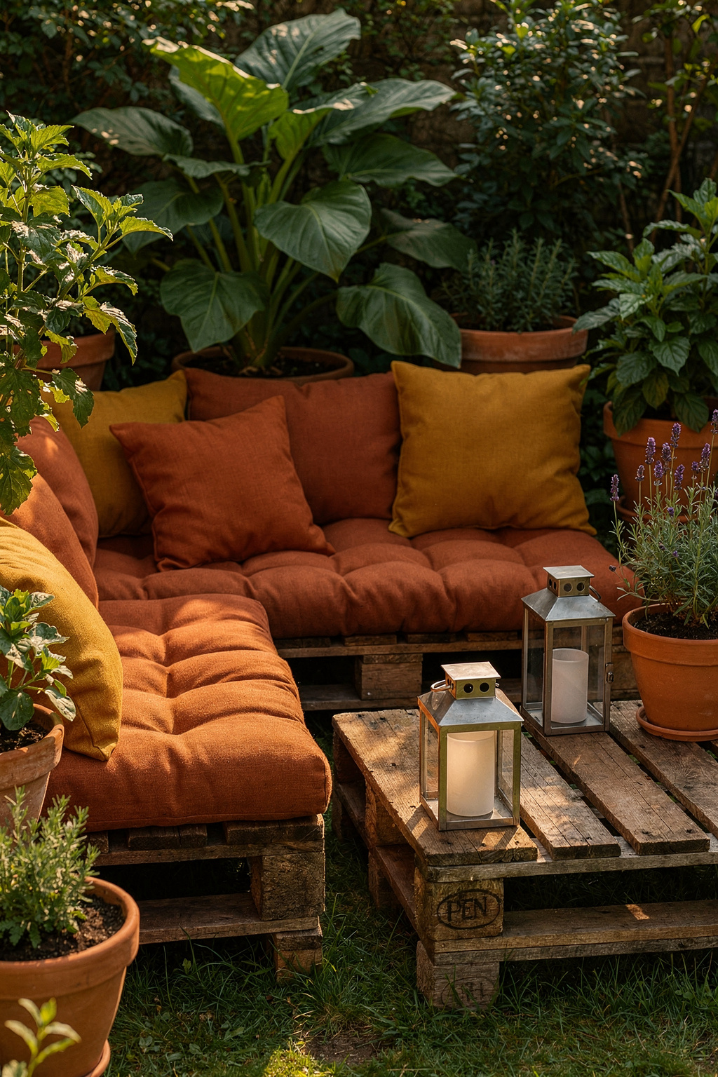 Gemütliche Gartenecke mit Palettenmöbeln und bunten Kissen, dekoriert mit Laternen und Grünpflanzen.